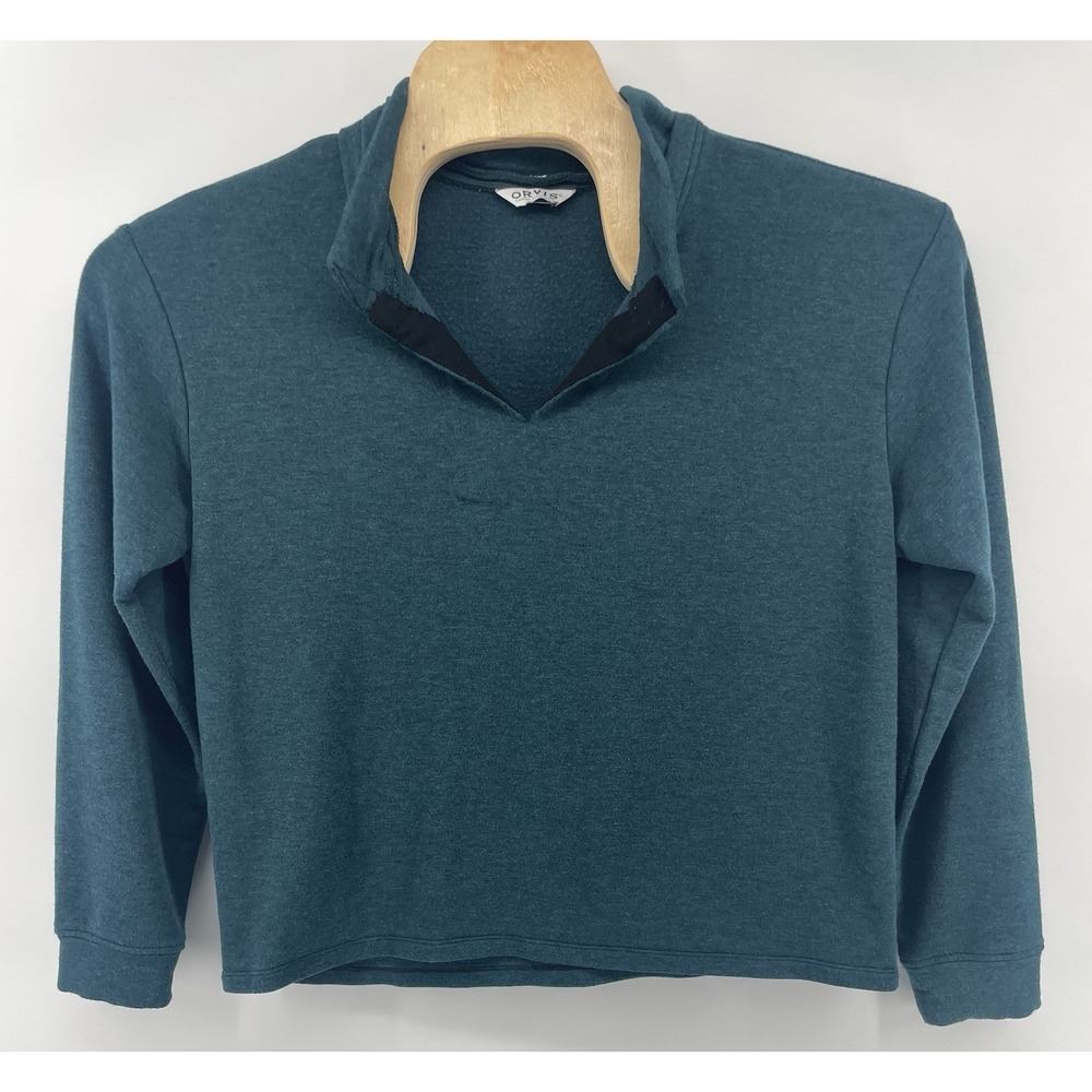 Orvis Pullover Women XL Teal Heathered Fleece Split Neck Long Sleeve Top Outdoor